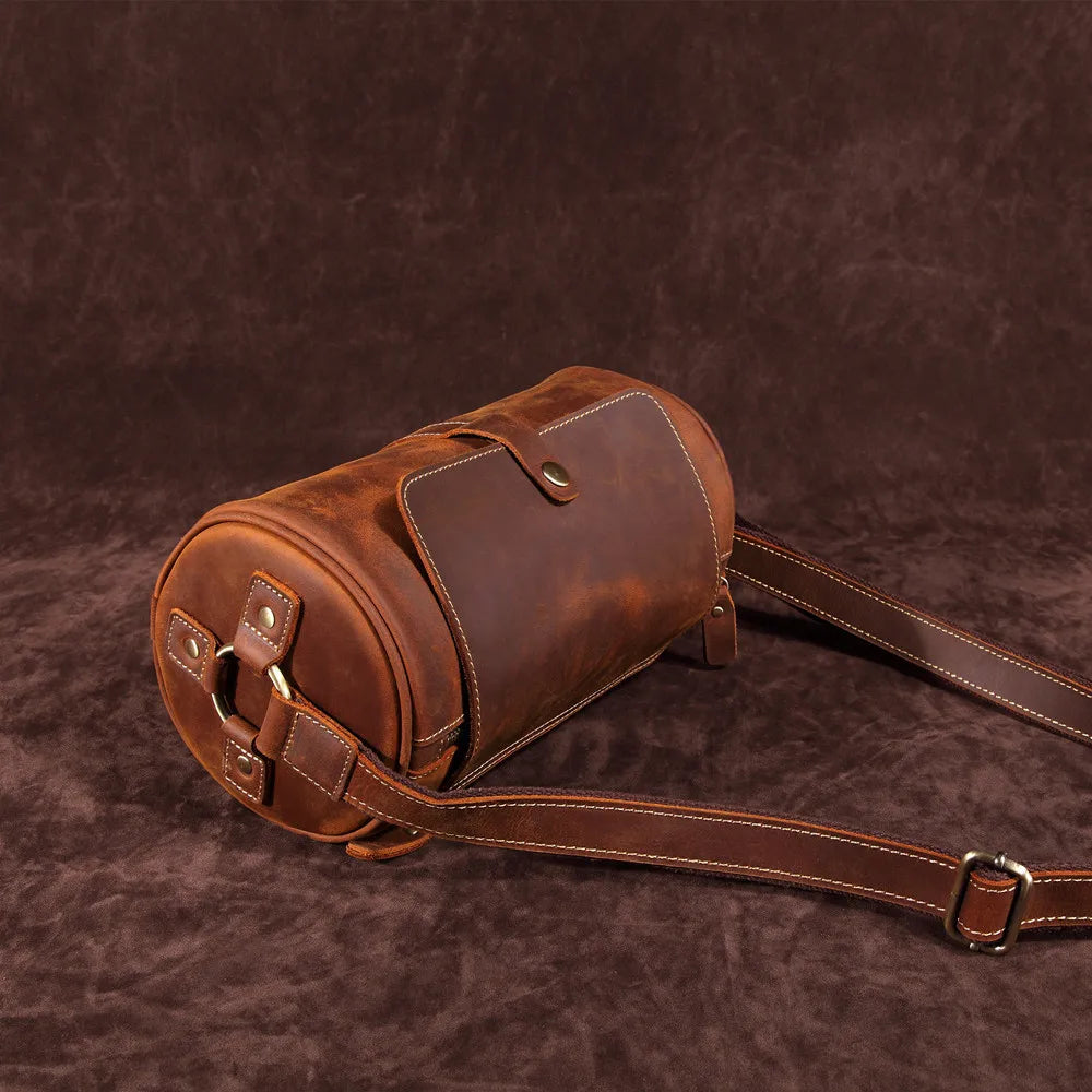 Crazy Horse Leather Men S Top Layer Cowhide Cylinder Bag Genuine Leather Retro Single-Shoulder Bag
