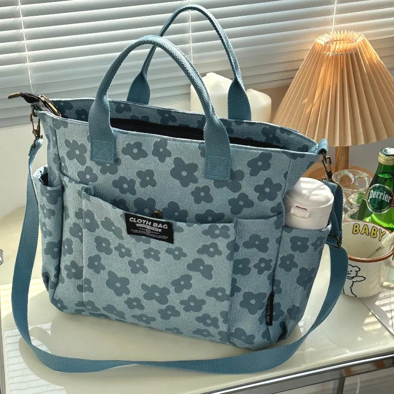 Floral Print Canvas Tote Bag Multi Pocket Design Detachable Wide