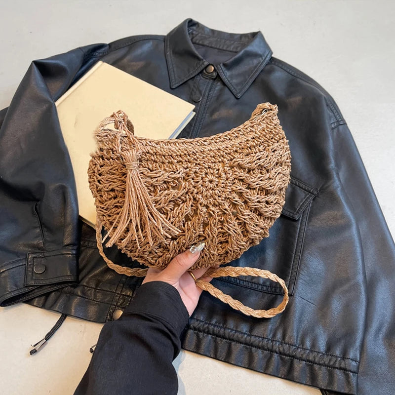 Half-Round Woven Straw Shoulder Bag – Boho Beach Hobo