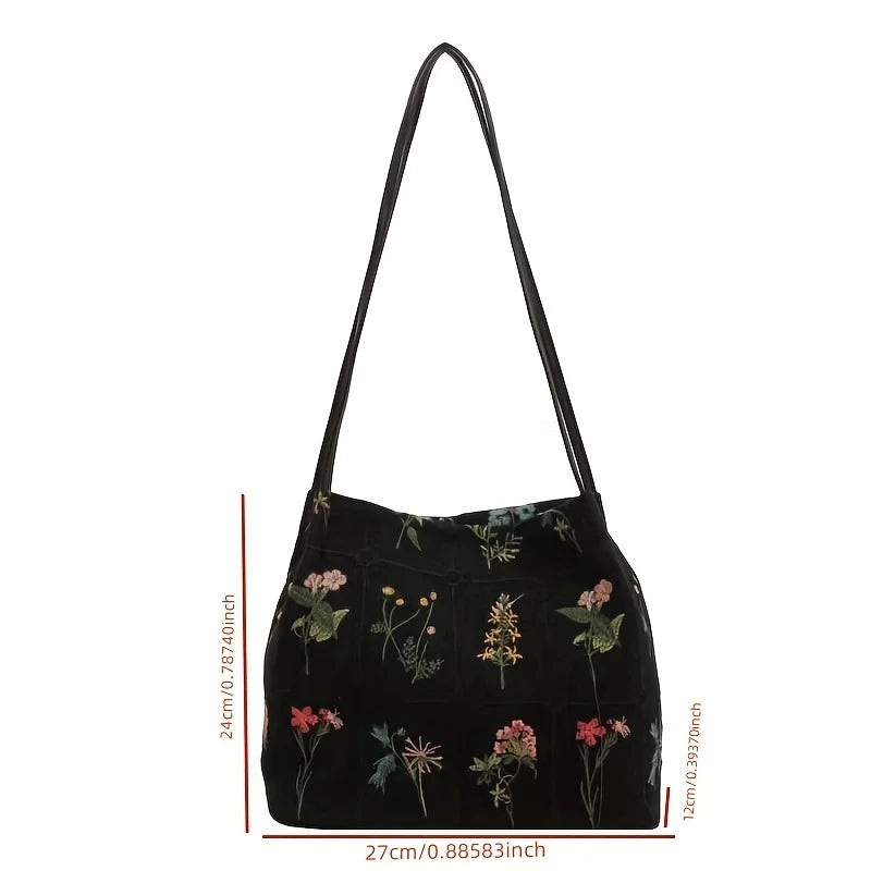 Floral Embroidery Corduroy Tote Bag – Large Capacity Shoulder Purse