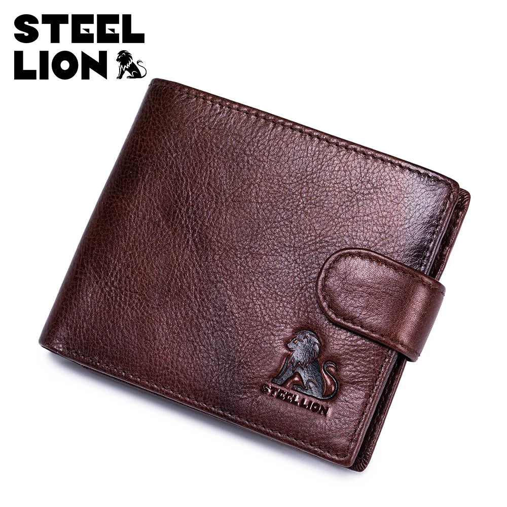 STEEL LION Men's Genuine Leather Vintage Wallet Anti-RFID Theft Large Capacity with Multiple Card Slots Cowhide Snap Closure