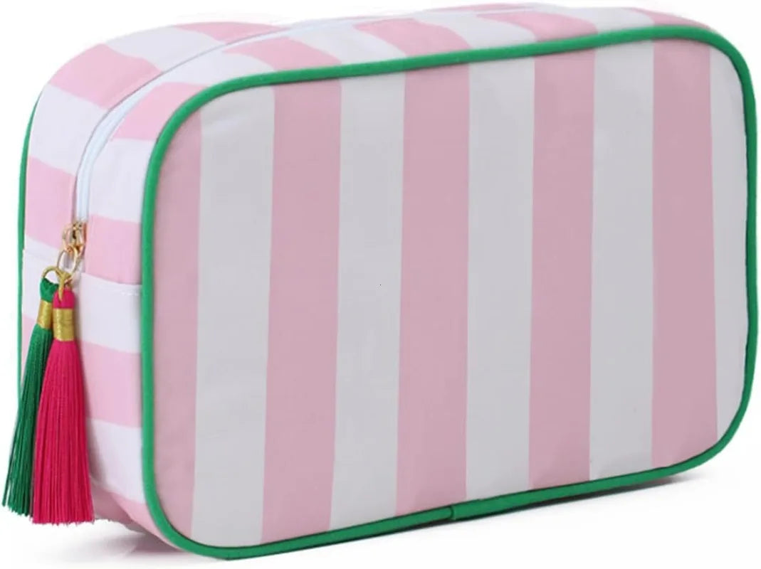 Large Striped Portable Cosmetic Bag Women Tassel Zipper Makeup Capacity Pouch Bags Casual Tote