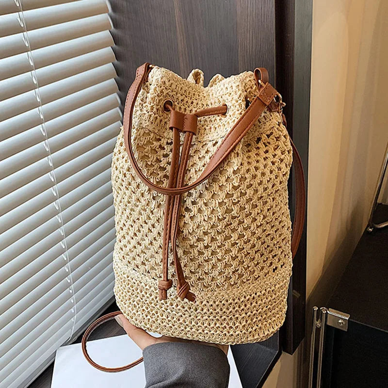 Woven Straw Bucket Bag – Drawstring Beach Crossbody