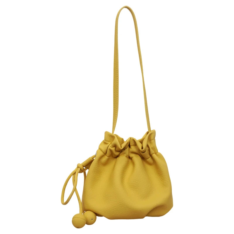 Drawstring Bucket Bag Women Soft Leather Crossbody Ball Charm Mini Shoulder Handbag Daily Shopping