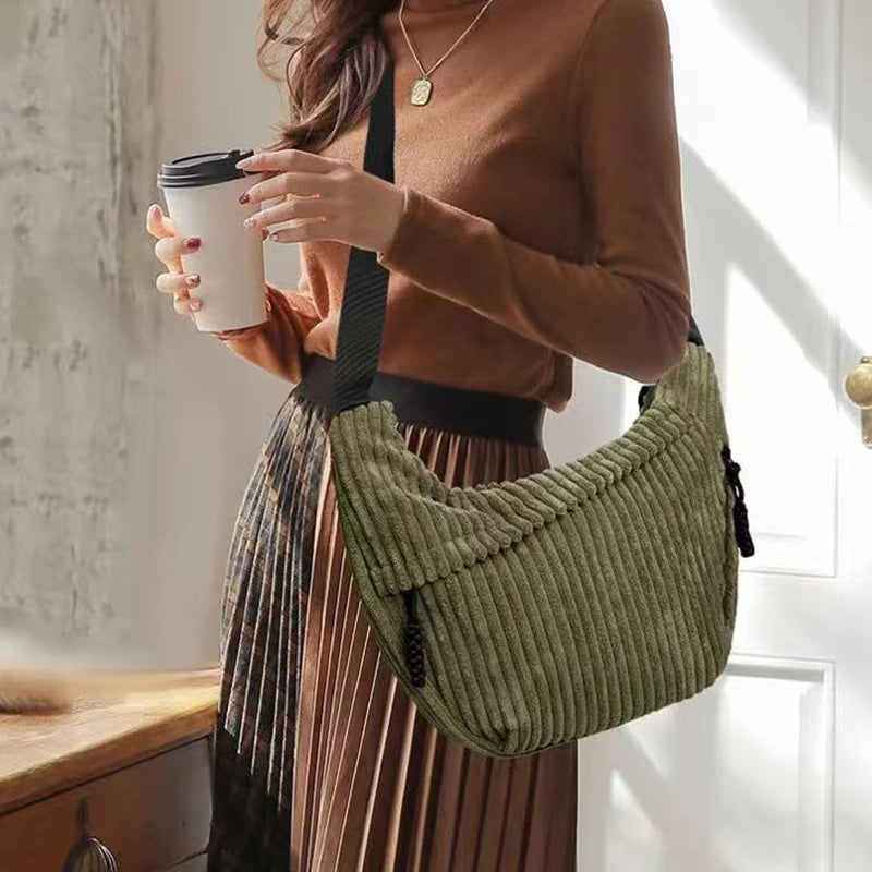 Daily Minimalist Striped Corduroy Hobo Bag Soft Fabric All-Match Ladies Crossbody Bag Leisure Short