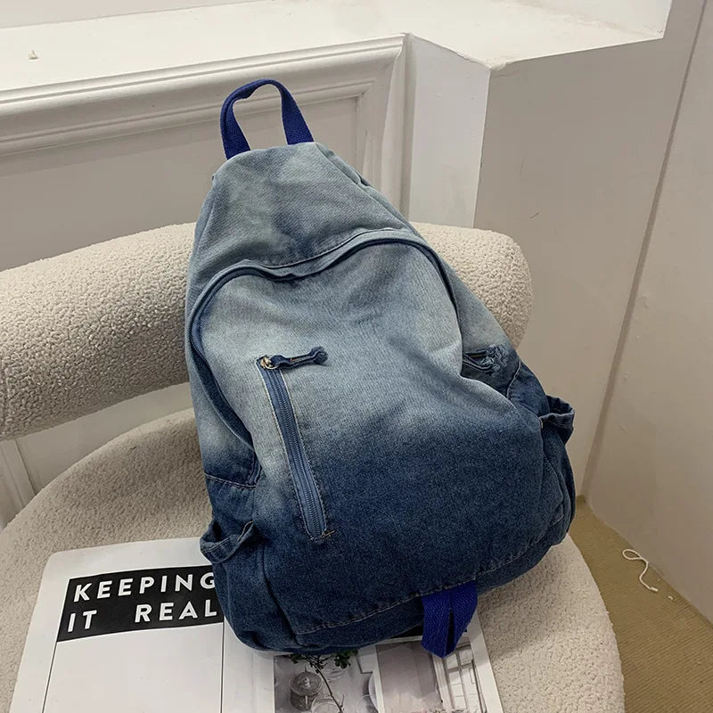 Casual Gradient Denim Backpack Retro Aged Washable Schoolbag - Washable