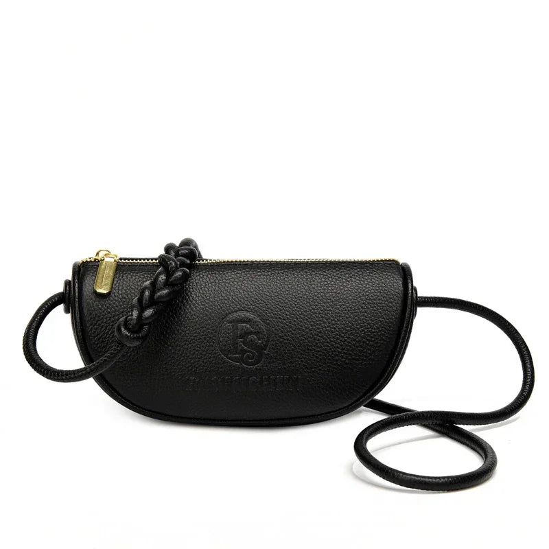 Leather Crescent Crossbody Mini Shoulder Bag – Braided Strap Daily Commute Bag