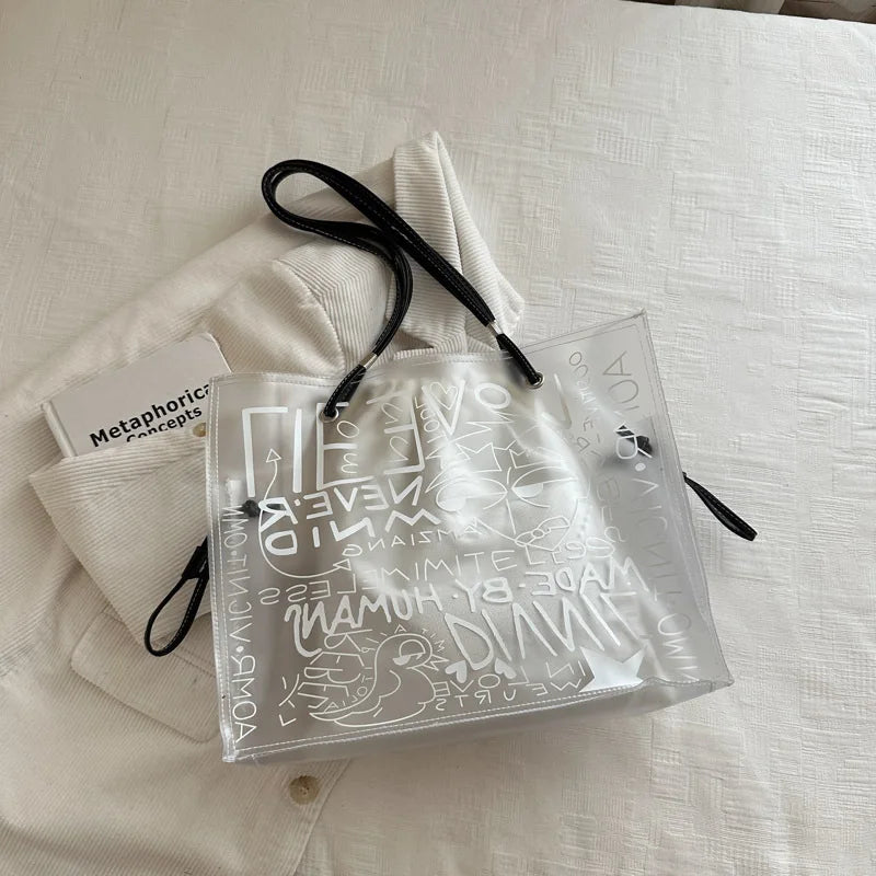 Transparent Jelly Tote Bag Summer Letter Print Graffiti Handbag 2in1 Large Capacity Commuter