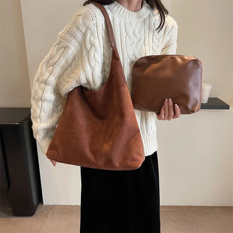 Suede Texture Large Tote Bag – Women's Minimalist Shoulder Handbag