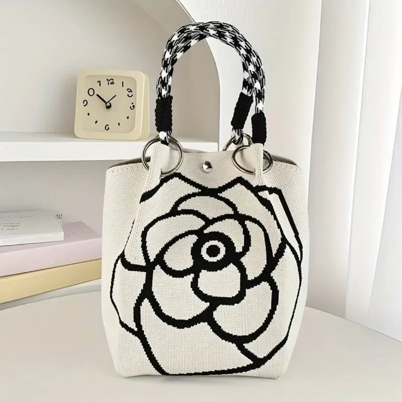 Knitted Tote Bag with Camellia Flower - Large Capacity Weave Handbag