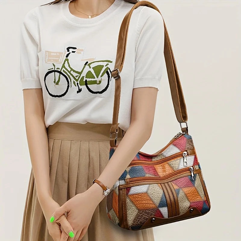 Geometric Patchwork Crossbody Bag for Women – Multi-Color