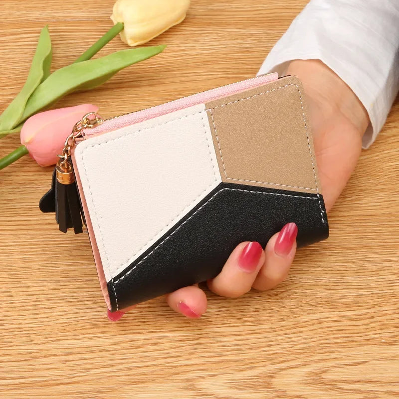 Homefish Purse Female Short Korean Version Collage Color Tassel Ultra-Thin Two-Fold Wallet Card Bag