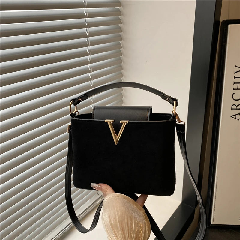 Mini Suede Crossbody Bag with Gold V-Buckle