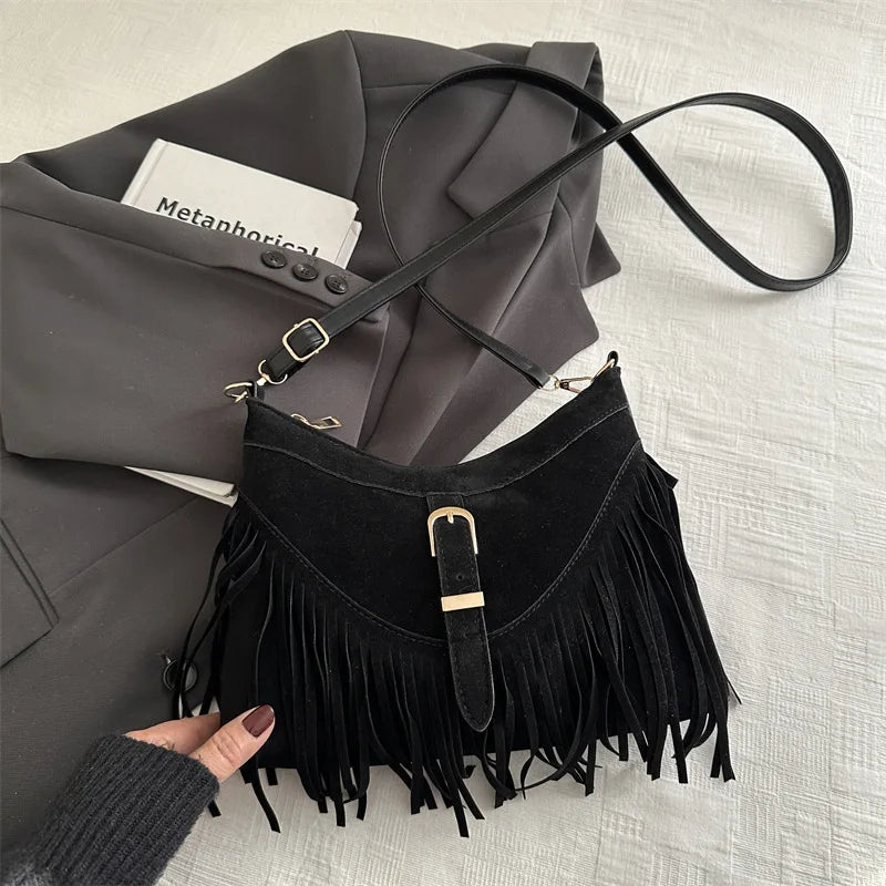Suede Tassel Shoulder Bag for Women – Boho Fringe Crossbody