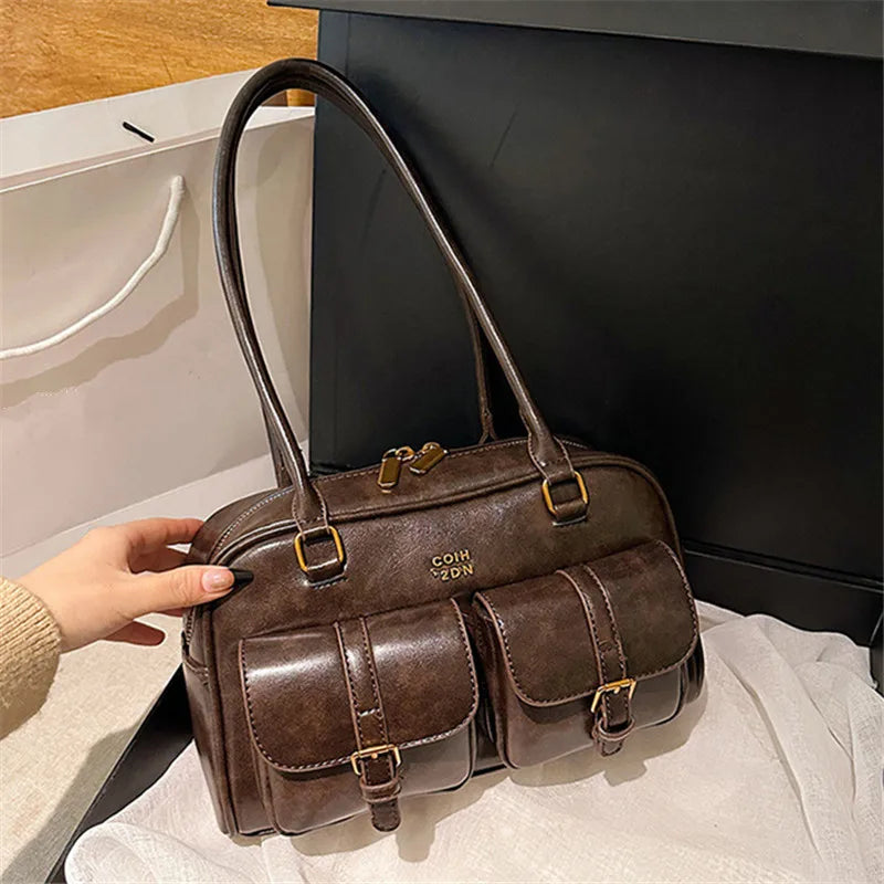 Multi-Pocket PU Leather Shoulder Bag with Decorative Charm