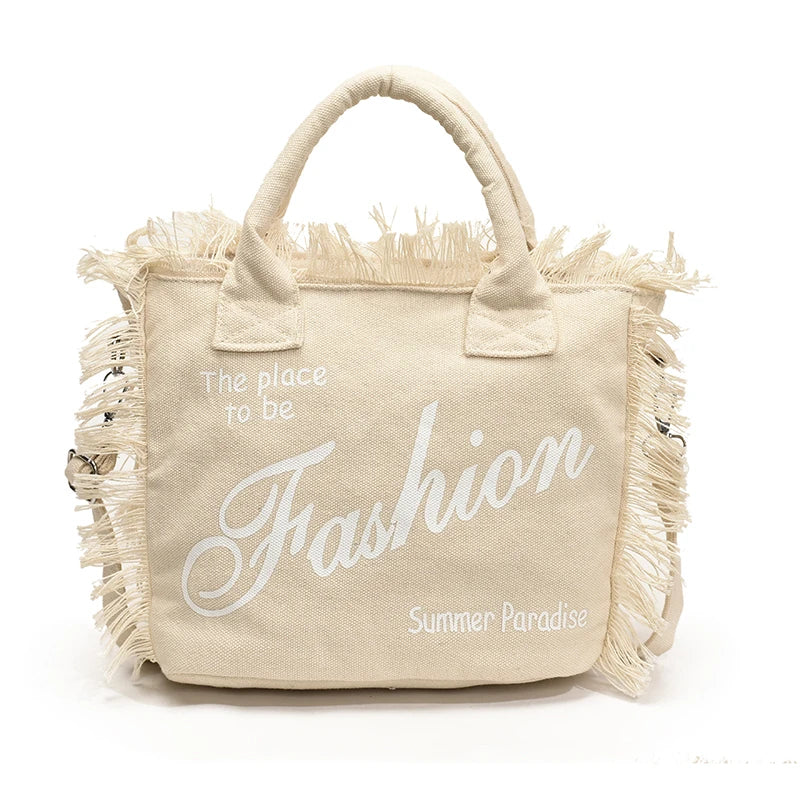 Vintage Fringe Canvas Mini Tote Bag Women Letter Print Distressed Handbag Casual Daily Shopping