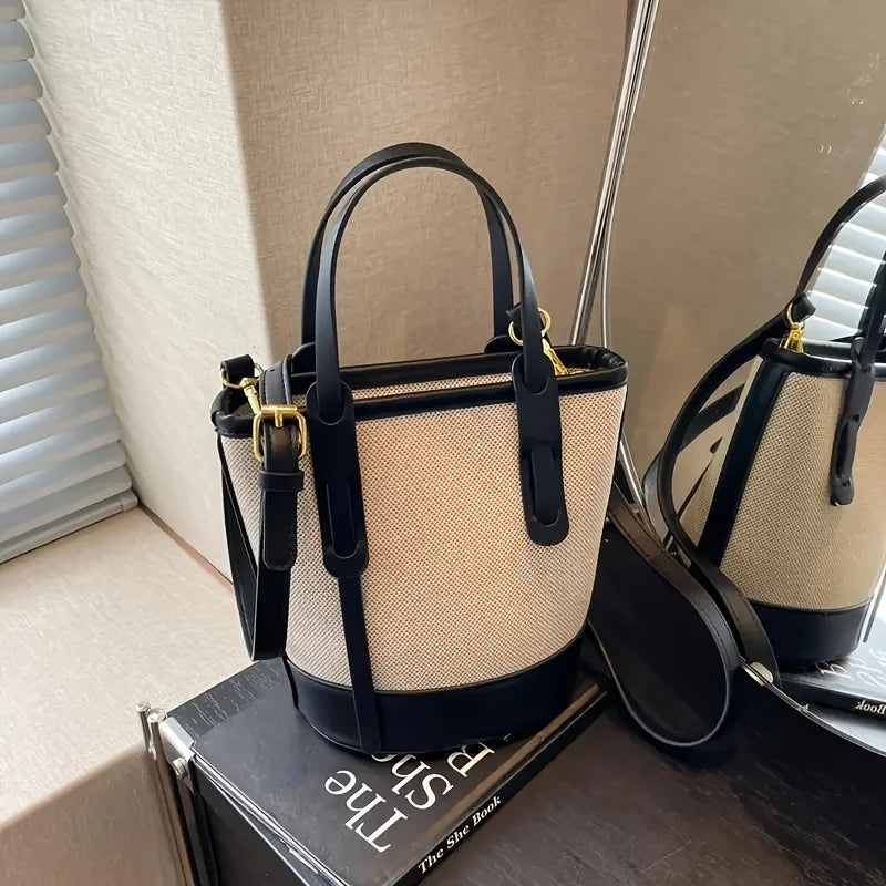 Two-Tone Canvas & Leather Bucket Bag for Women