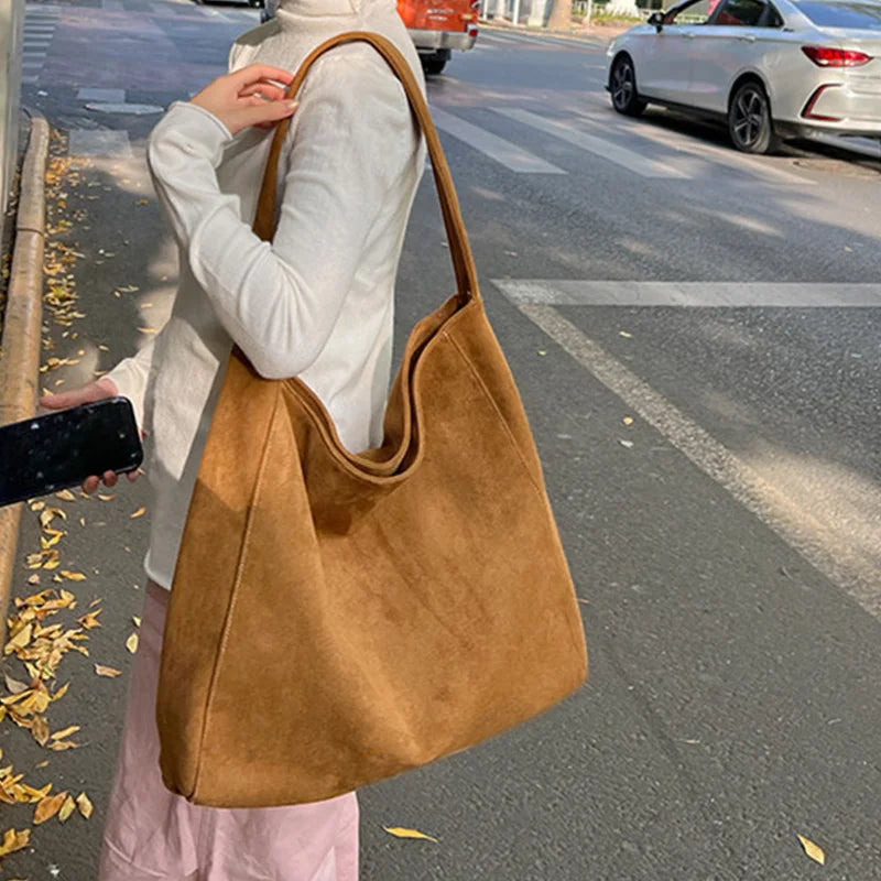 Retro Suede Shoulder Tote Bag for Women – Large Work Commuter Handbag