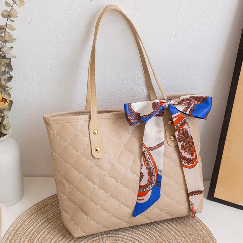 Quilted Tote Bag with Scarf – Large Capacity Women's Shoulder Bucket Bag