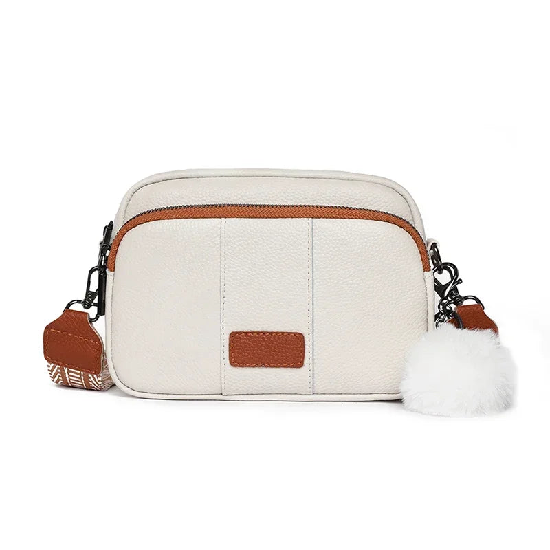 Genuine Leather Women's Crossbody Bag with Fur Charm