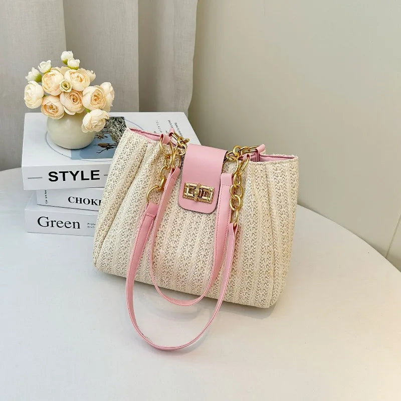 Stylish Straw Leather Tote Bag Gold Chain Grass Woven Women S Handbag Shoulder Bags Beach Days