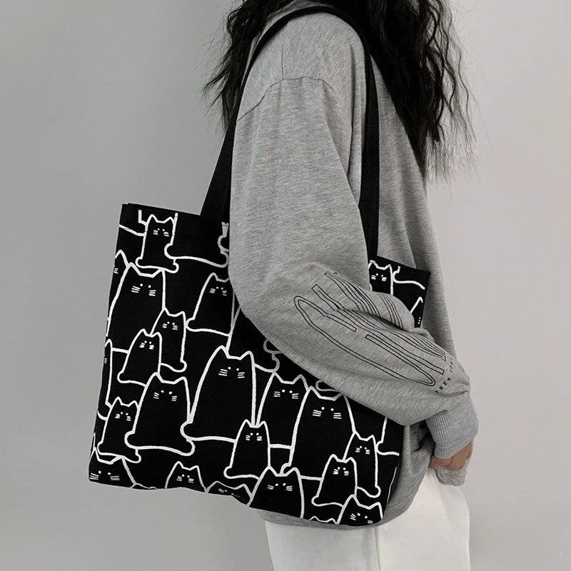 Canvas Cat Print Tote Bag – Large Cute Shoulder Bag for School