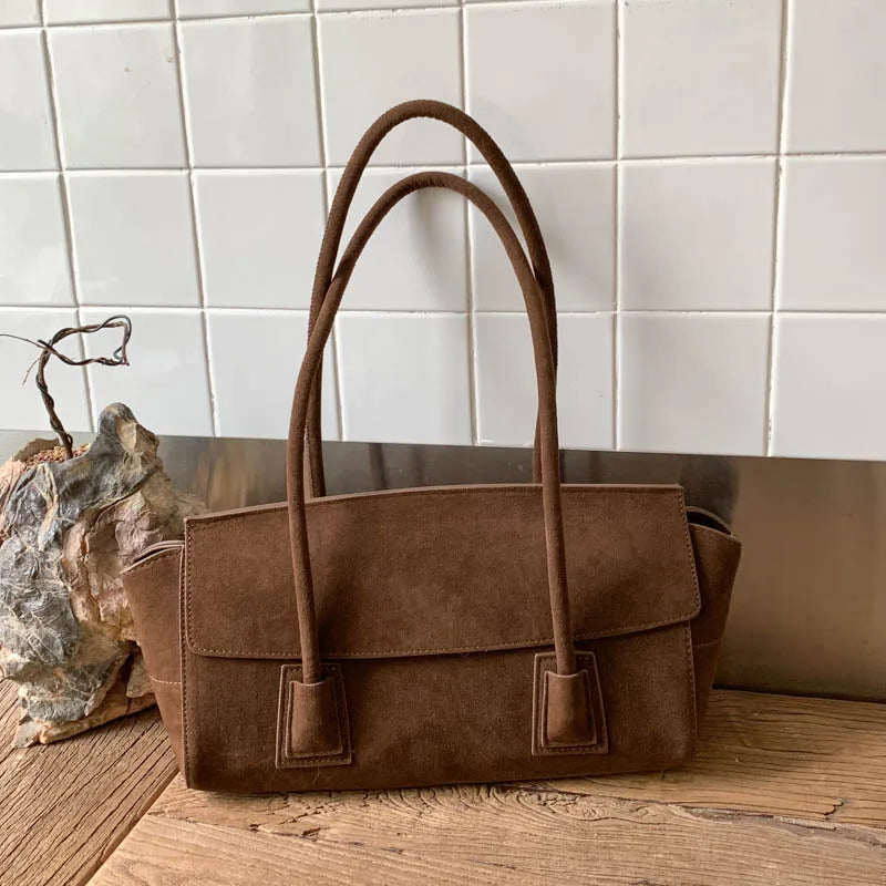 Vintage Suede Shoulder Bag Korean Simple Crossbody Handle Women Comfortable Versatile Texture