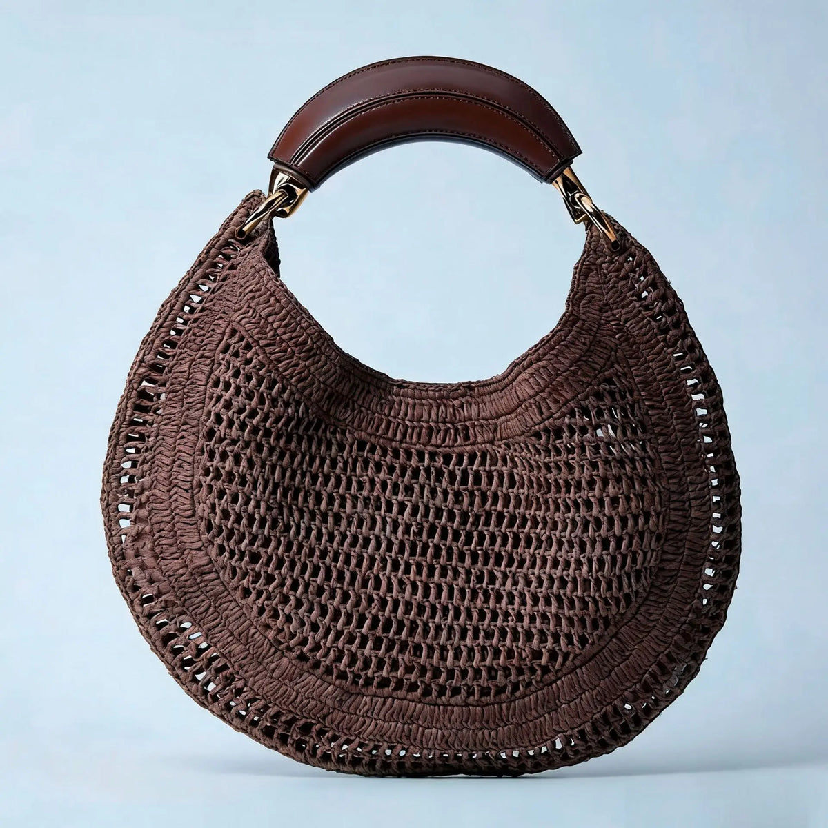 Popular Straw Crescent Bag Woven Tote Pu Leather Handle