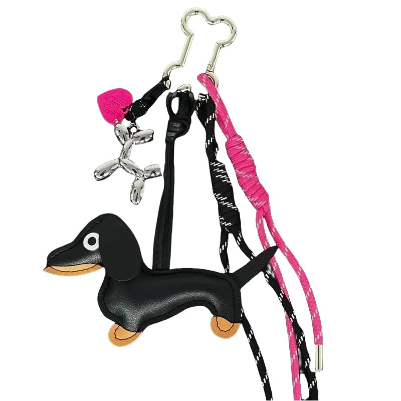 Dachshund Bag Charm – Leather Sausage Dog Keychain with Braided Rope
