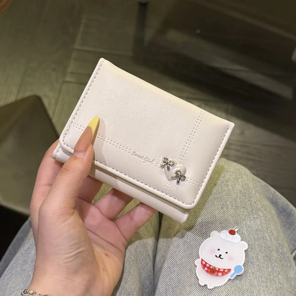 Korean Style Simple Love Bow Short Wallet Female Cute Large Capacity Card Holder Girl Heart