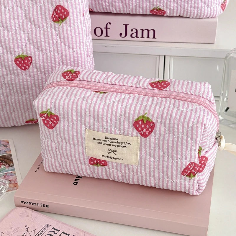 Pink Strawberry Women Cosmetic Quilted Bag Portable Travel Organizer Toiletry Makeup Storage Pouch