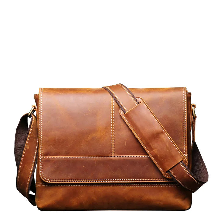 Crazy Horse Leather Crossbody Bag Men S Vintage Aged Genuine Leather Single-Shoulder