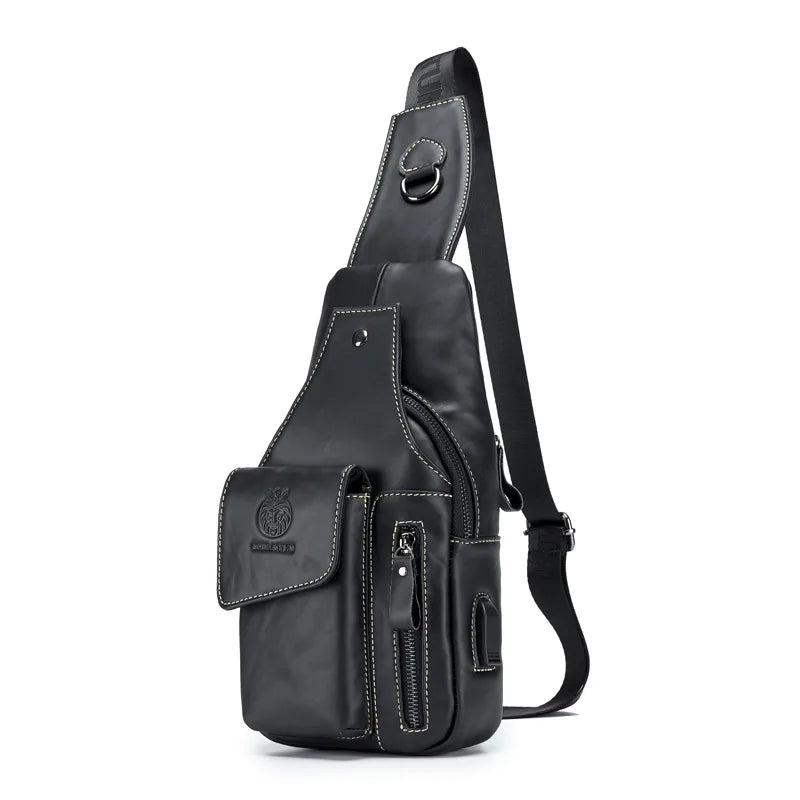 Real Leather Cross-Body Chest Bag Men Retro Head Layer Cowhide Large Capacity Usb Front Satchel