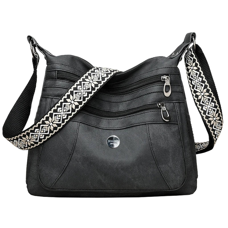Washed Leather Crossbody Bag – Boho Messenger with Embroidered Strap