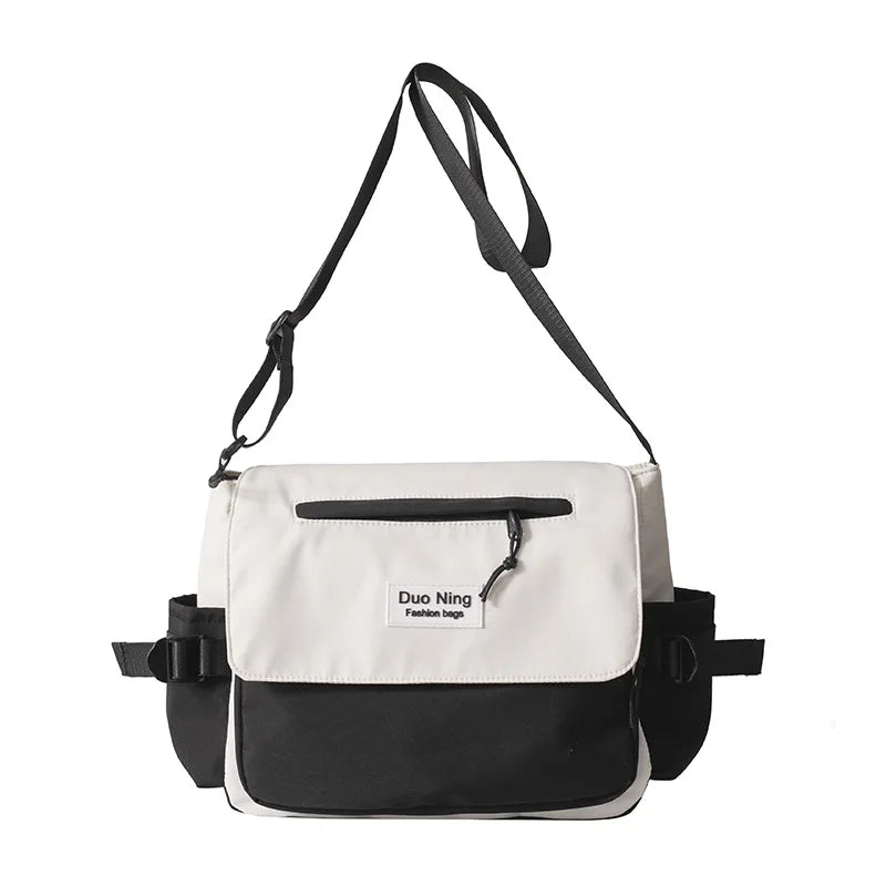 Small Fresh Canvas Color Blocked Postman Bag Large Capacity Campus Student Trendy Work Commuter