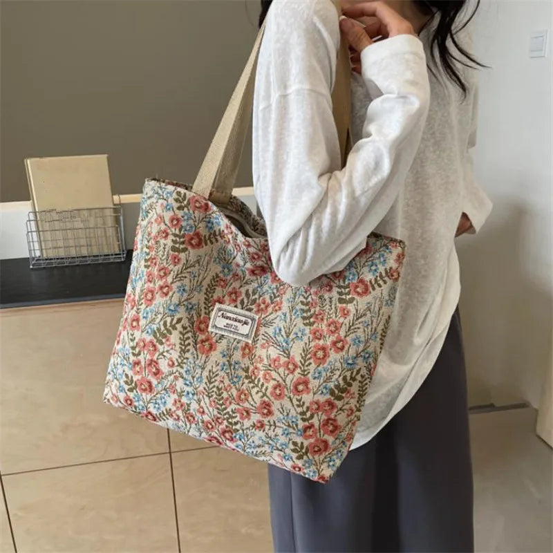 Floral Canvas Tote Bag with Blossom Pattern