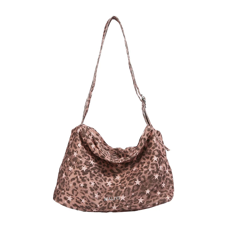 Autumn Vintage Leopard Print Shoulder Tote Bag Women Large Capacity Soft Cloth Hobo Retro Casual