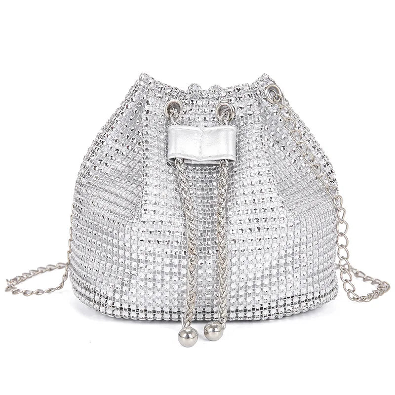 Rhinestone Drawstring Bucket Bag with Chain Strap