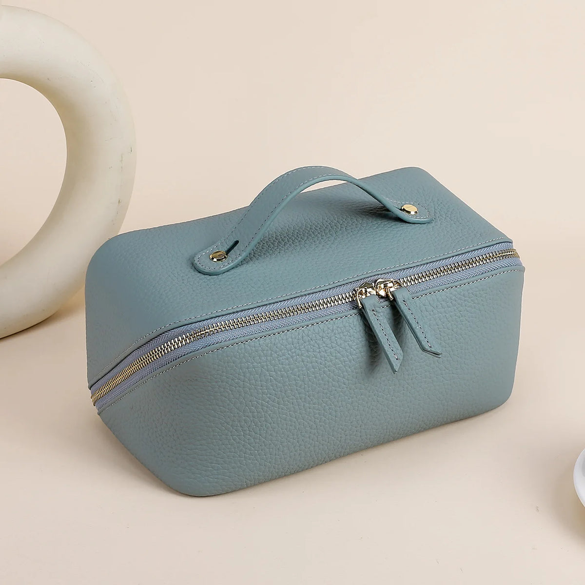First Layer Cowhine Women S Wash Bag Double Zipper Open Close Hand Makeup Case Skin Care Products