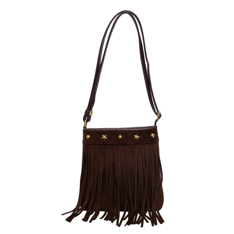Winter Vintage Fringe Crossbody Bag Western Star Rivet Suede Shoulder Purse Boho Retro Tassel Small
