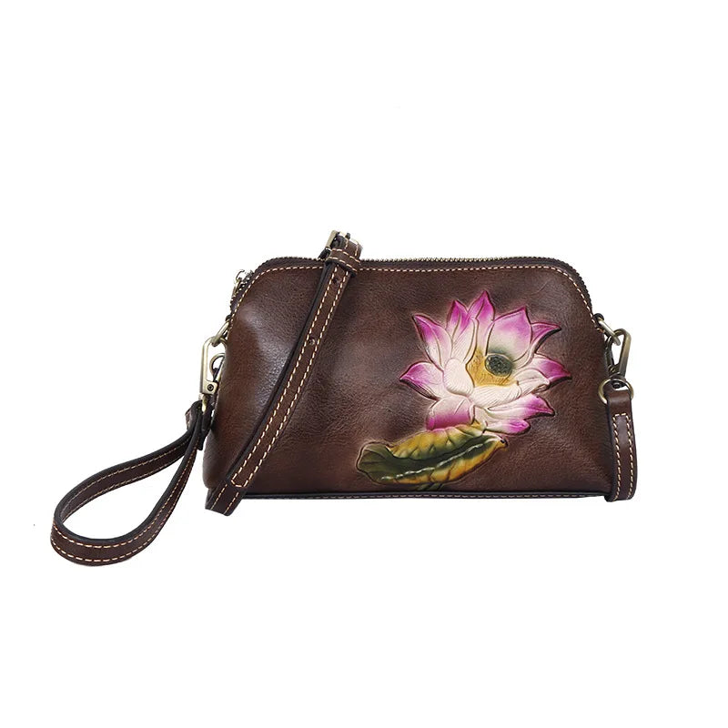 Head Layer Cowhine Diagonal Cross Bag Retro Embossed Women S Handbag Large Capacity Multi-Function