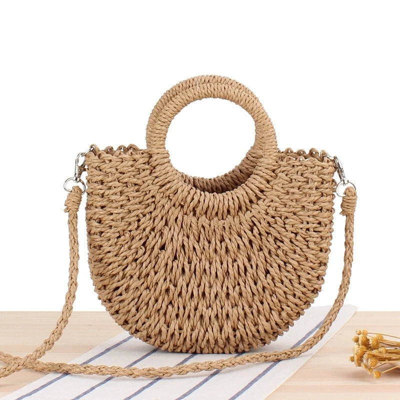 Woven Straw Crossbody Bag – Women's Summer Hollow Tote with Round Handle