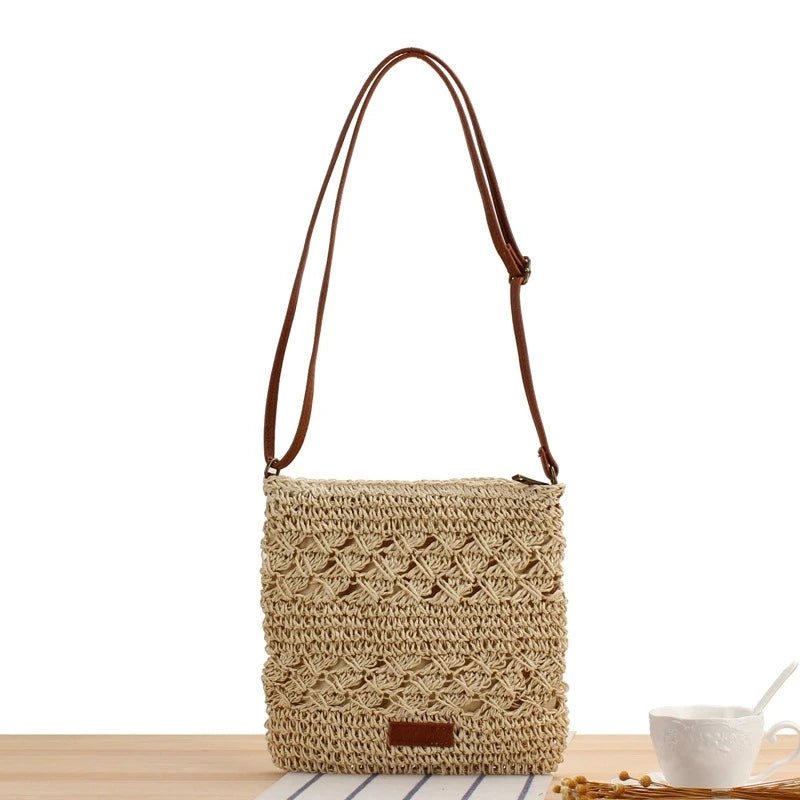 Handmade Paper Straw Crossbody Bag with Zipper & Leather Strap