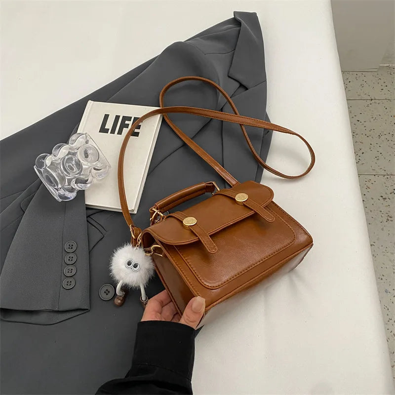Vintage Crossbody Bag – Faux Leather Shoulder Bag with Plush Charm & Gold Button Detail