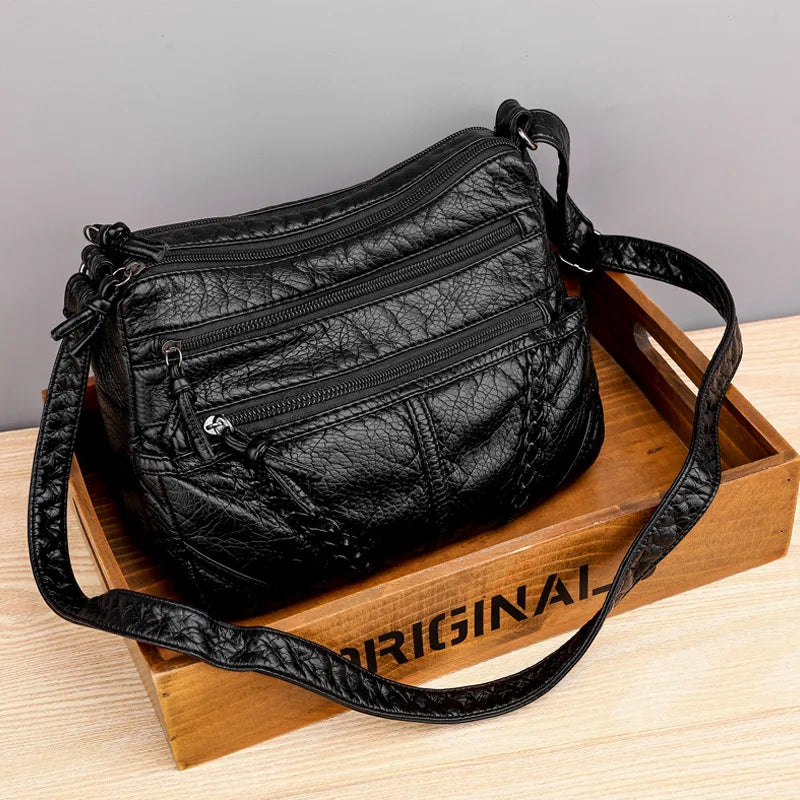 Multi-Zipper Leather Crossbody Shoulder Bag with Inner Pockets