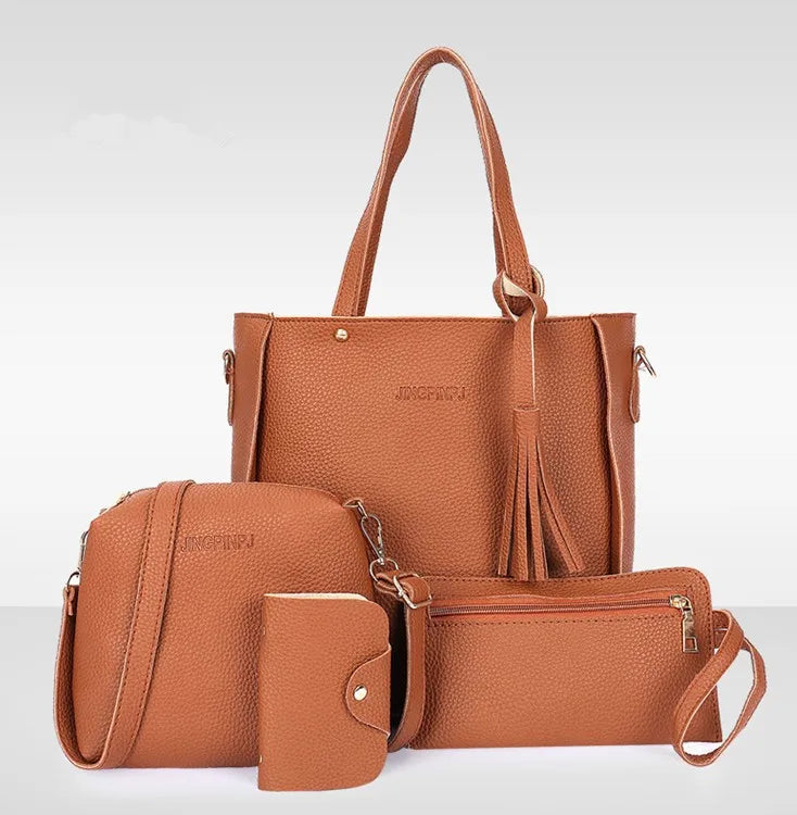 4-Piece Women's Leather Tote Handbag Set with Crossbody & Wallet