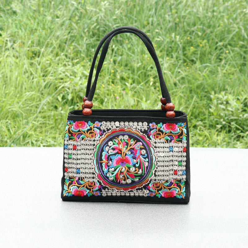 Embroidered Floral Handbag with Double Zipper & Beaded Handle