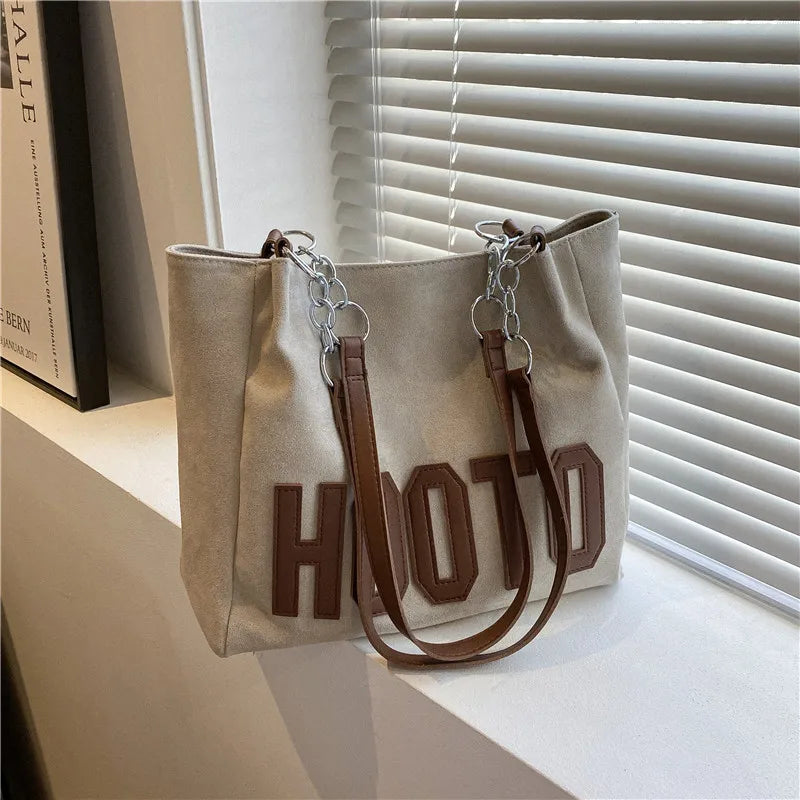Large Capacity Nubuck Tote Bag with Letter Emboss & Chain Strap