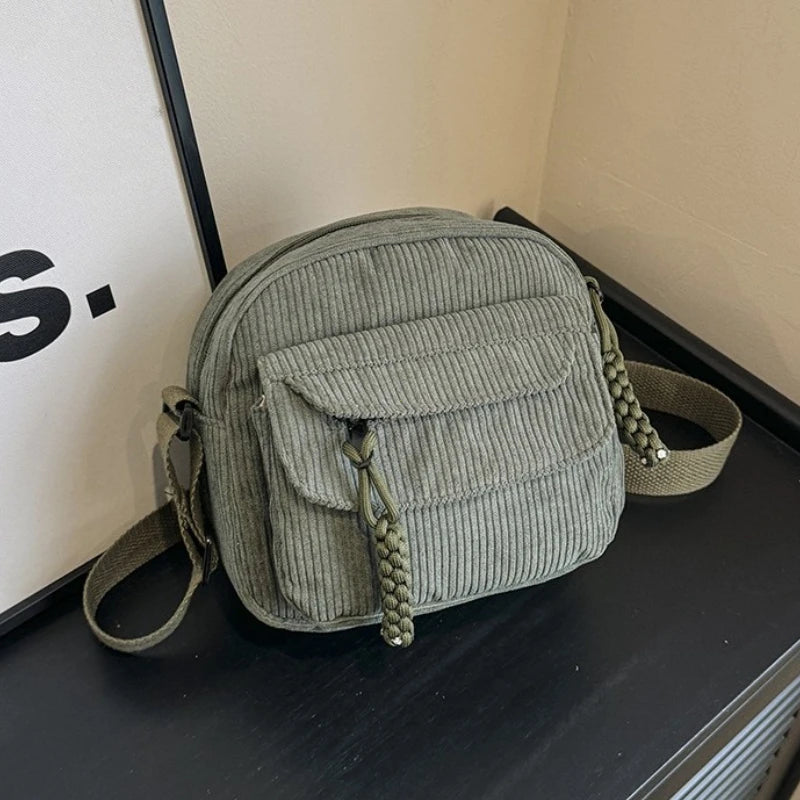 Corduroy Daily Handbag Fashionable Versatile Shoulder Bag Women Multi-Compartment Zipper Closure