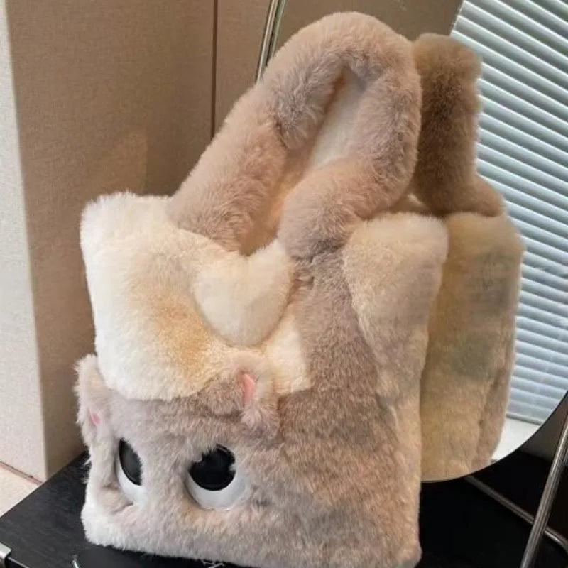 Plush Cat Tote Bag – Kawaii Faux Fur Handbag for Women